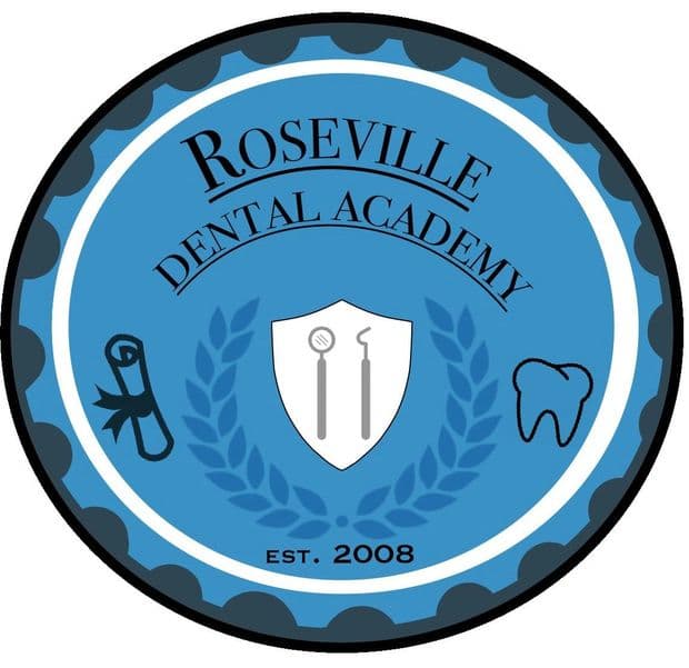 Roseville Dental Academy logo with dental tools and a tooth symbol.