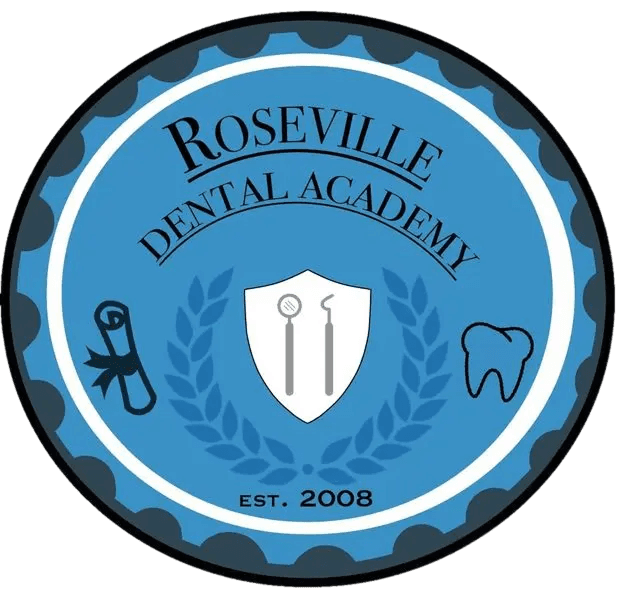 Roseville Dental Academy logo with dental tools and a tooth symbol.