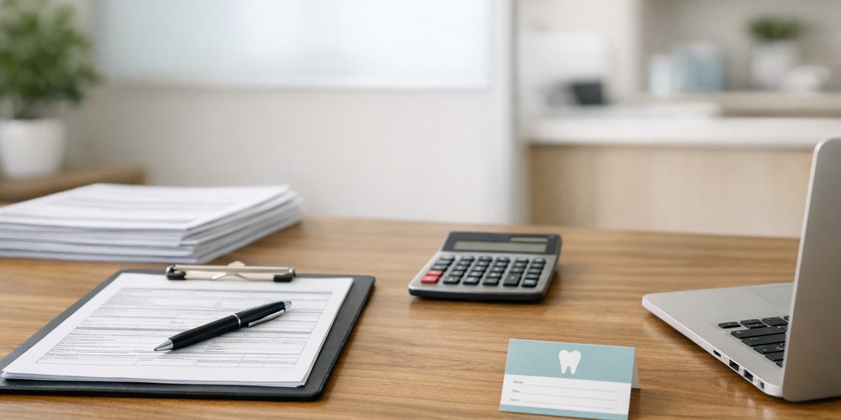 Insurance documents and a pen on a wooden table with a calculator.