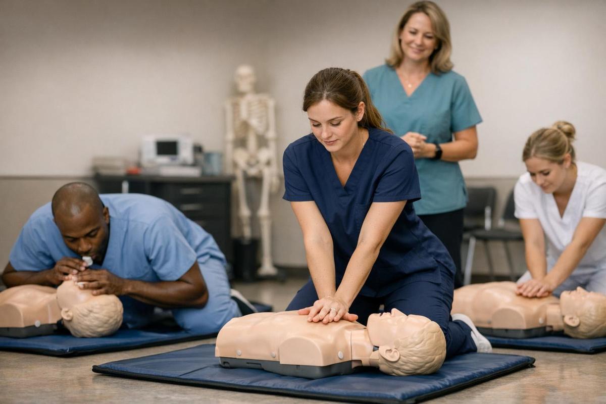 Healthcare students practicing BLS CPR skills on training manikins with an instructor.